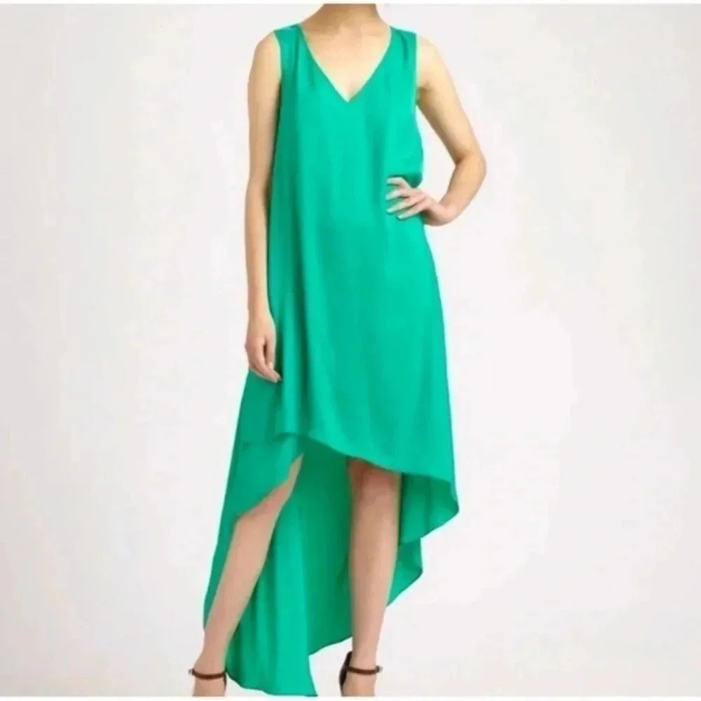 BCBGMAXAZRIA Emerald Green Satin Avery Asymmetrical Hi-Low Midi Dress Size XXS